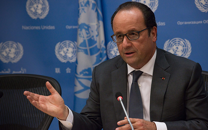 President Hollande answers a question during a press conference at the United Nations to address the upcoming Paris Conference on Climate Change  in New York City, NY, USA on September 28, 2015.