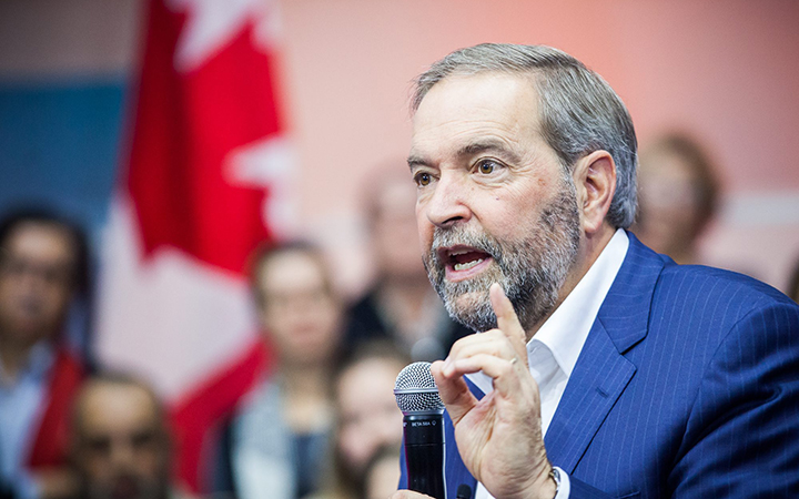 New Democratic Party leader and candidate in next federal elections Thomas Mulcair delivers a speech during a NDP political meeting at the contemporary art museum in Montreal, Canada, on October 1, 2015.