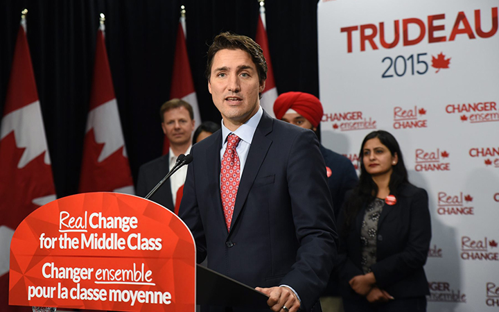 Liberal party leader Justin Trudeau addresses the media at a press conference following the Liberal party rally in Brampton on October 4, 2015.