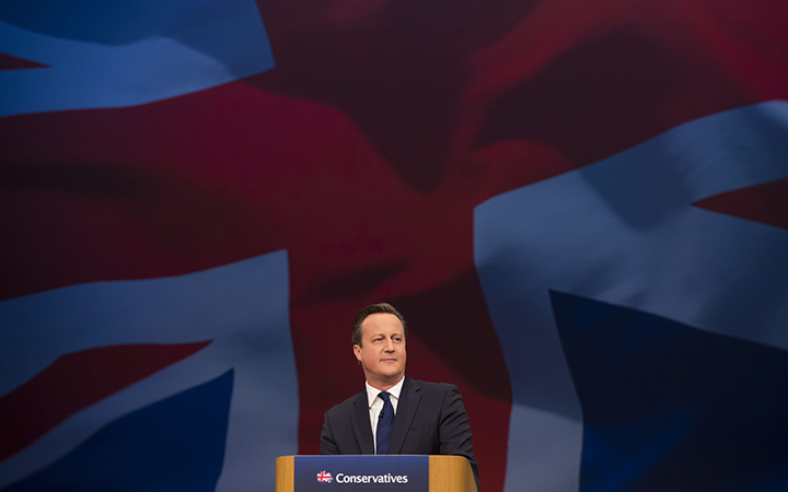 Britain's Prime Minister David Cameron makes his keynote speech at the annual Conservative Party Conference in Manchester, England, Wednesday Oct. 7, 2015.