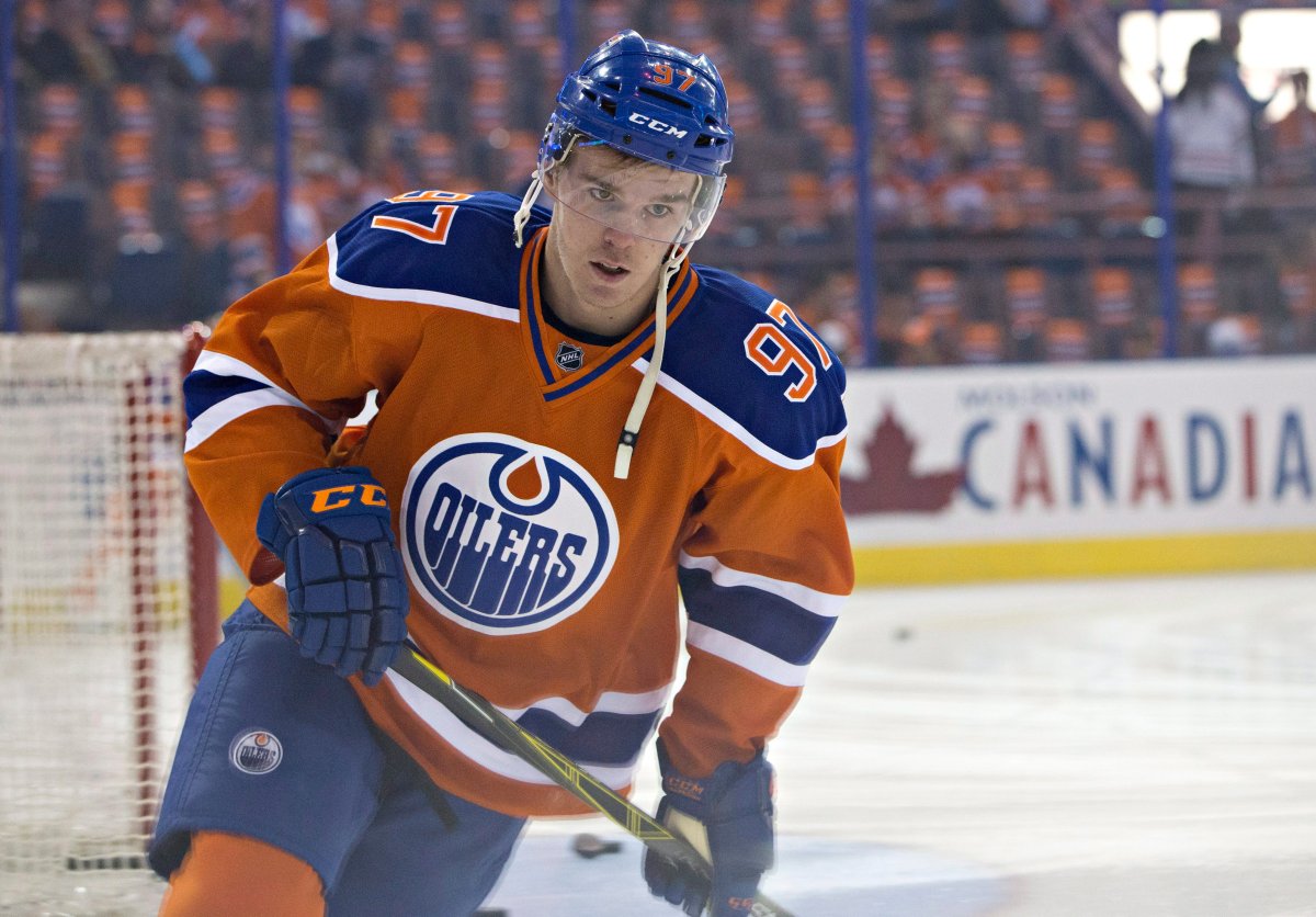Edmonton Oilers' Connor McDavid (97) skates during warm up before playing against the St. Louis Blues in NHL action in Edmonton, Alta., on Thursday October 15, 2015. 