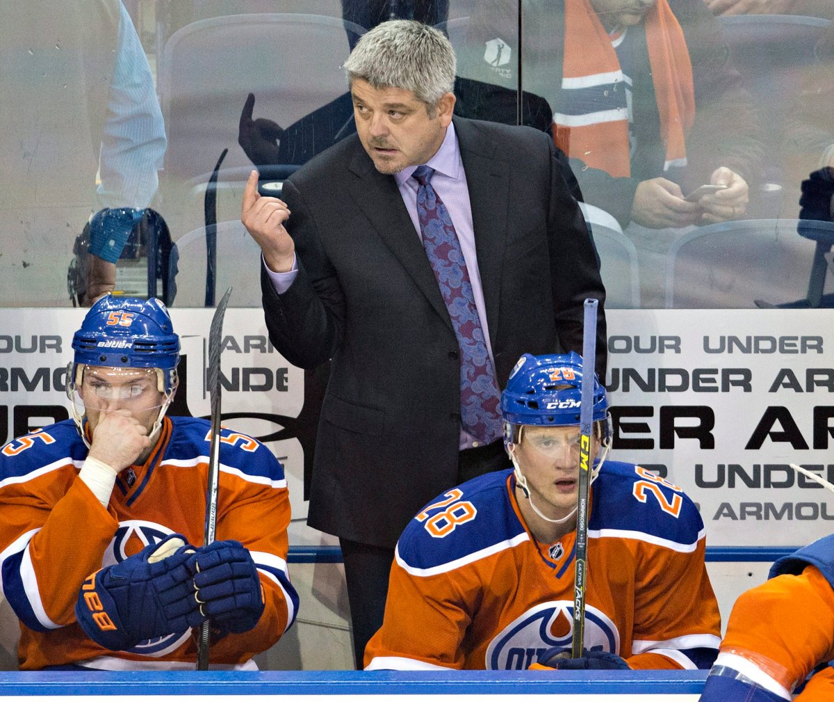 Edmonton Oilers head coach Todd McLellan calls over a player while playing against the St. Louis Blues during third period NHL action in Edmonton, Alta., on Thursday October 15, 2015. 