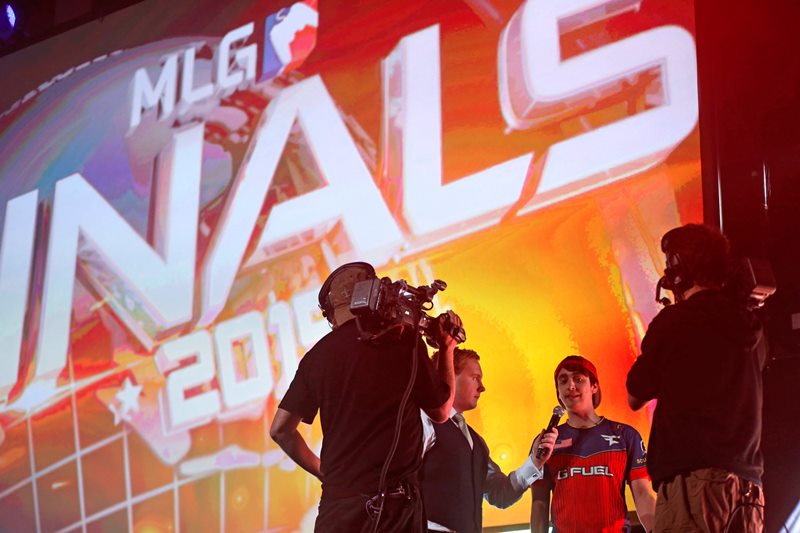 James "Clayster" Eubanks is interviewed onstage after his team won a match at the Major League Gaming World Finals in New Orleans, Friday, Oct. 16, 2015. 