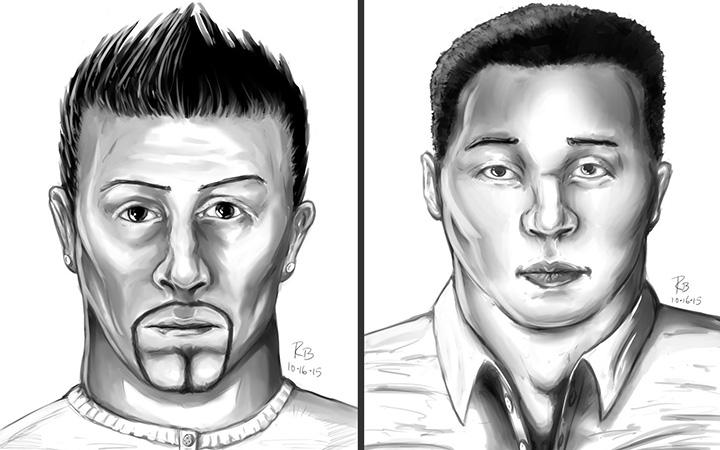 This undated sketch provided by the Sacramento Police Department shows what two suspects are believed to look like based on witnesses of a Oct. 8, 2015, assault of Airman 1st Class Spencer Stone.