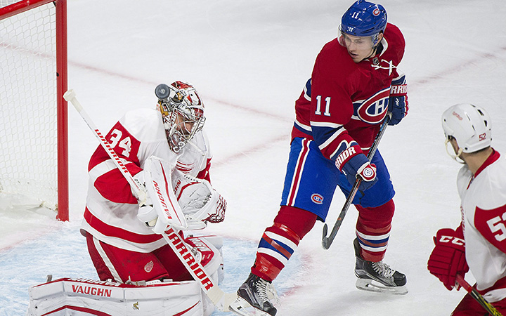 Detroit Red Wings' goaltender Petr Mrazek makes a save against Montreal Canadiens' Brendan Gallagher as Red Wings' Jonathan Ericisson defends during first period NHL hockey action in Montreal, Saturday, Oct. 17, 2015.