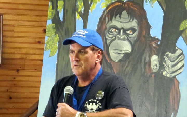 Peter Wiemer delivers opening remarks at the 4th annual Chautauqua Lake Bigfoot Expo in Chautauqua, N.Y., Saturday, Oct. 24, 2015.