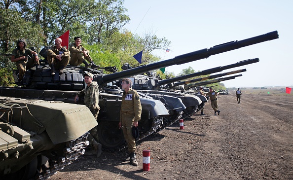 Pro-Russian separatists take part in a military competition between tank units near the town of Torez, in the Donetsk region, on September 24, 2015. Ukraine's pro-Moscow insurgents showed off their military prowess on Thursday by launching exercises involving heavy tanks that Kiev claims they had covertly received from Russia. 