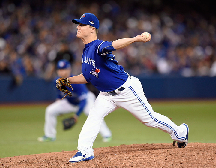 Toronto Blue Jays' Aaron Loup works against the Texas Rangers during 12th inning of Game 2in the American League Division Series in Toronto on Friday, Oct. 9, 2015. 