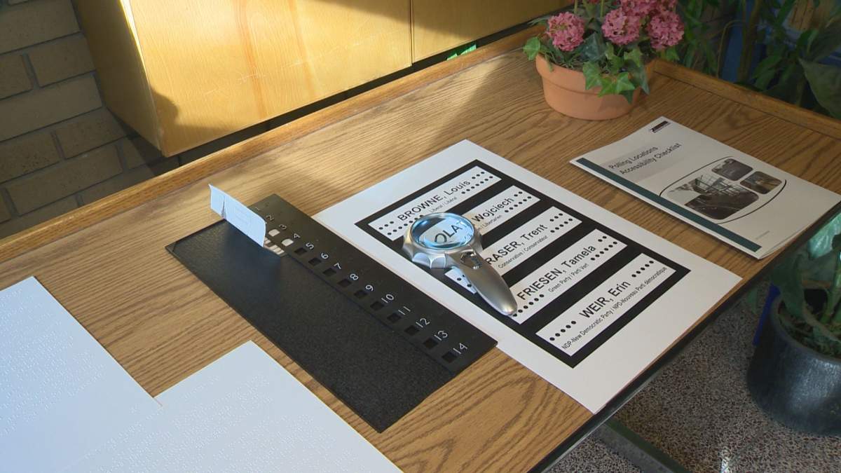 A collection of  tools available for people with impaired vision that are available at polling places.