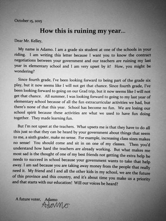 Facebook letter from Adamo Hartley, 11, to his local MNA about teacher-government contract negotiations.