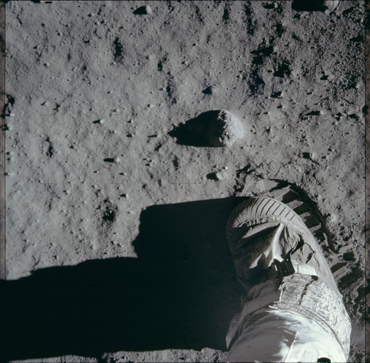 The iconic image of humans' first steps on the moon on the Apollo 11 mission.