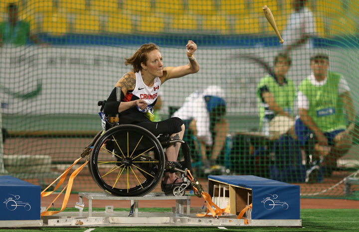 Becky Richter of Canada competes in the women's club throw F51 final during the Evening Session on Day Three of the IPC Athletics World Championships at Suhaim Bin Hamad Stadium on October 24, 2015 in Doha, Qatar. (Photo by Warren Little/Getty Images)