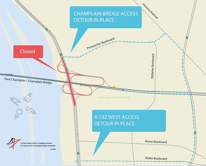Map showing road closures and detours due to scheduled work blitz on the Champlain Bridge. Saturday, Oct. 24, 2015.