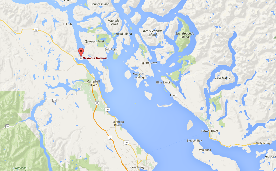 Seymour Narrows, where a boat containing four adult males capsized on October 24, 2015, resulting in one death. 
