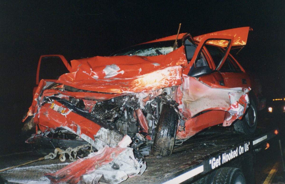 A photo of the wreckage of Laura Beauparlant’s car after it was struck by an impaired driver on Nov. 12, 1995.