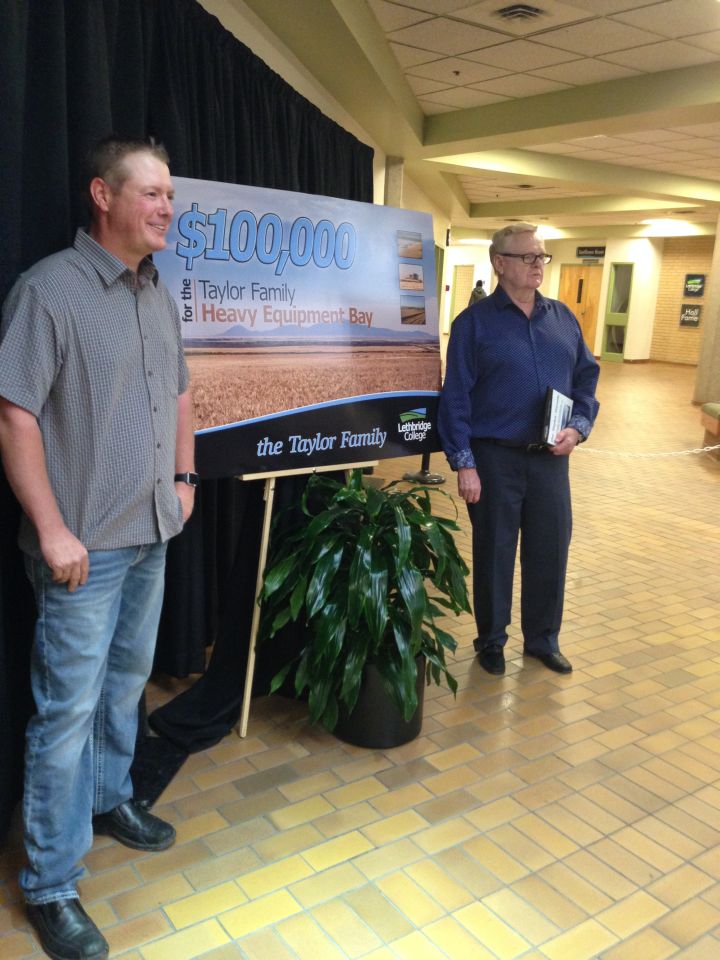Darren (L) and Ron (R) Taylor announce a $100,000 gift for the new trades and technologies at Lethbridge College. 