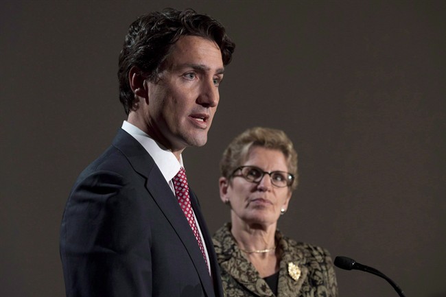 Ontario Premier Kathleen Wynne looks on as then Liberal leader Justin Trudeau addresses a news conference in Toronto in 2015. How does Ontario '18 impact on Canada '19?.