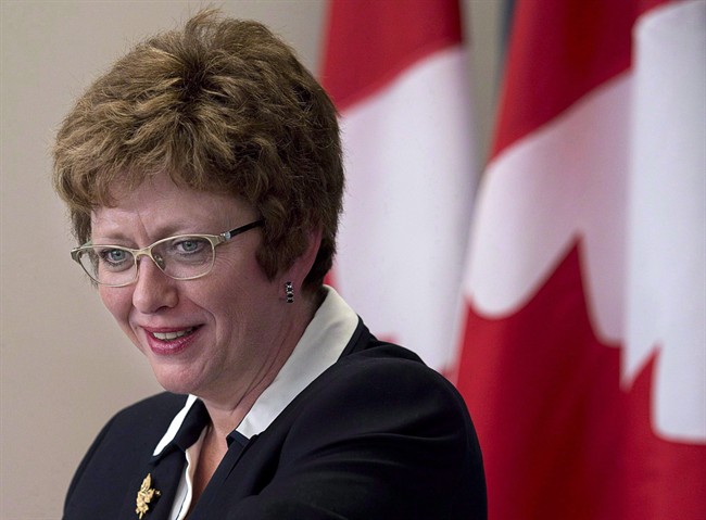 Public Works Minister Diane Finley provides an update on the federal shipbuilding project at the Irving Shipyard facility in Halifax on Thursday, Feb. 6, 2014. Longtime MP and former cabinet minister Diane Finley says she intends to run for the interim leadership of the Conservative party. 