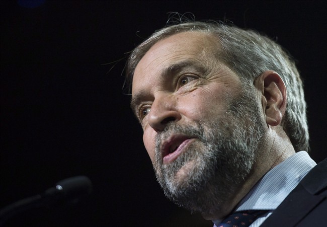 NDP Leader Tom Mulcair speaks to supporters at NDP federal election night headquarters in Montreal, Monday, Oct. 19.
