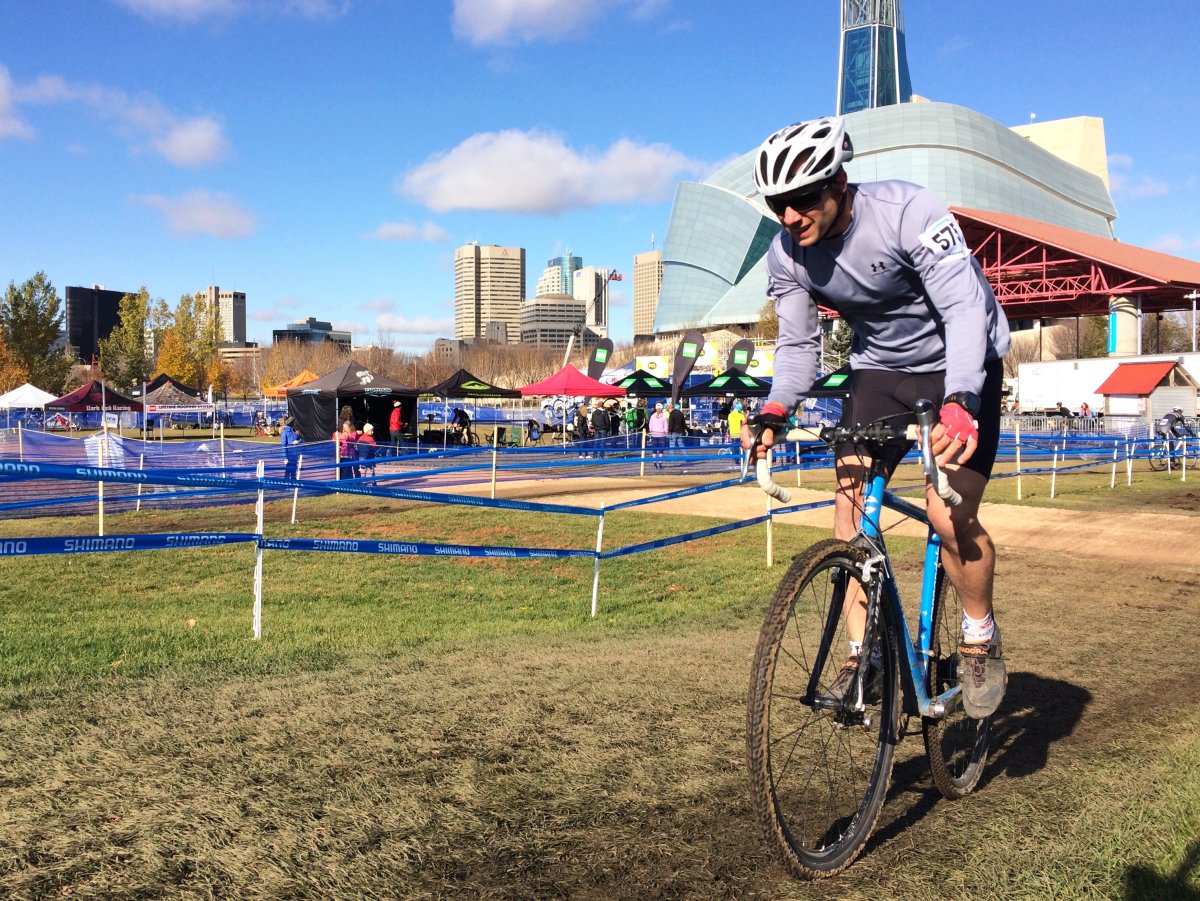 A racer in a cyclocross event at The Forks. October 25, 2105.