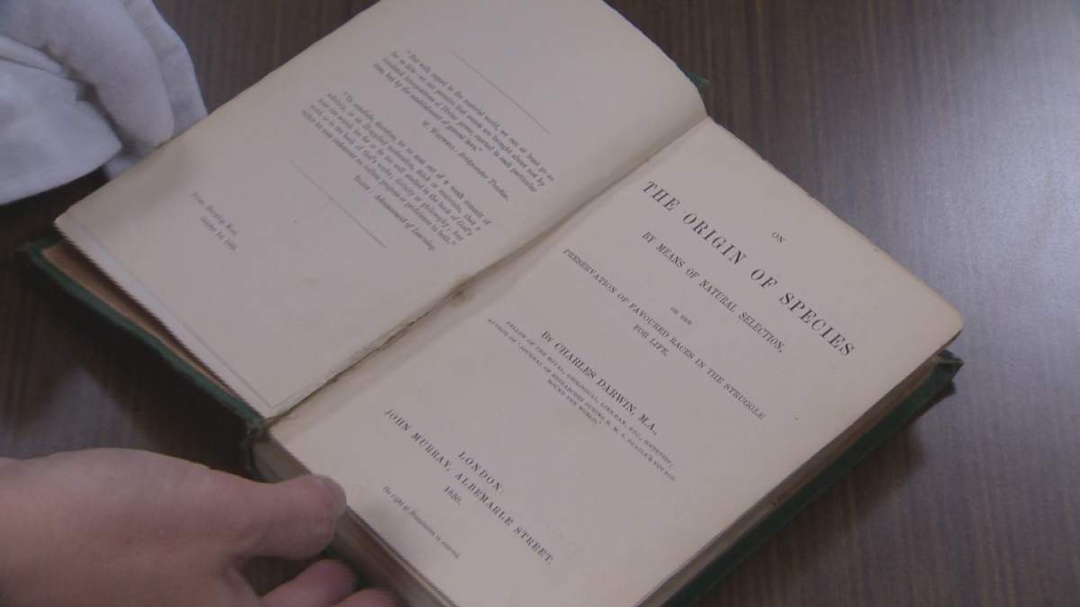 A first edition copy of Charles Darwin's On the Origin of Species was returned to the library at MSVU in Halifax on October 29, 2015. This was one of thousands of collectible items stolen by John Tillman. 