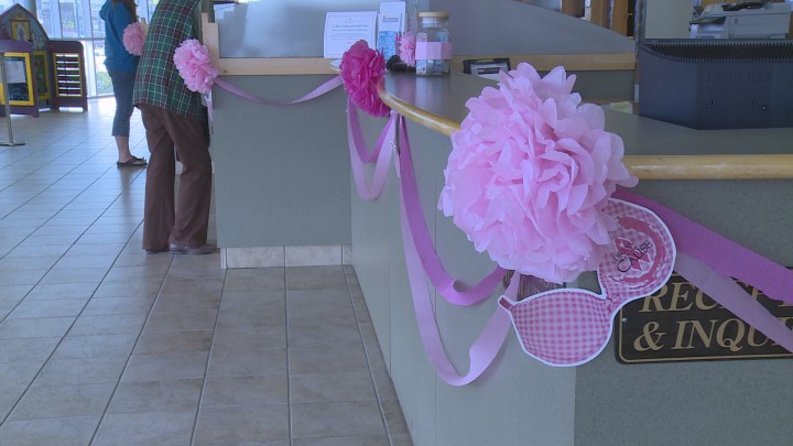 A 1st Choice Savings Branch in Lethbridge decorates for the cause