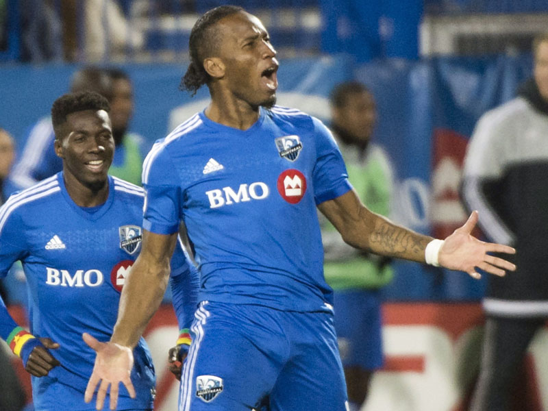 Montreal Impact's Didier Drogba celebrates after scoring against Toronto FC.