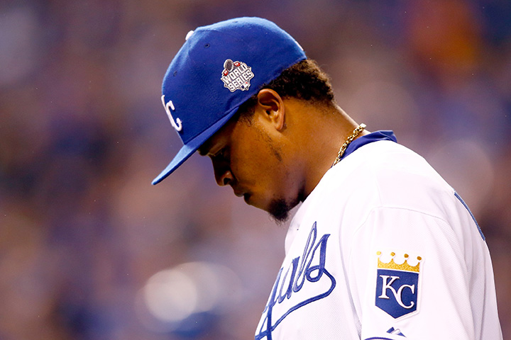 Edinson Volquez of the Kansas City Royals reacts in the 5th inning against the New York Mets during Game 1 of the 2015 World Series at Kauffman Stadium on October 27, 2015 in Kansas City.  