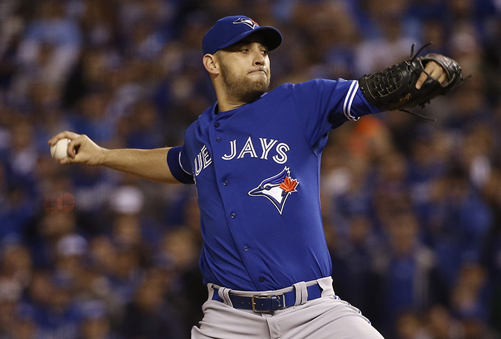 Toronto Blue Jays starting pitcher Marco Estrada throws against the Kansas City Royals during the first inning in Game 1 of baseball's American League Championship Series on Friday, Oct. 16, 2015, in Kansas City, Mo. 