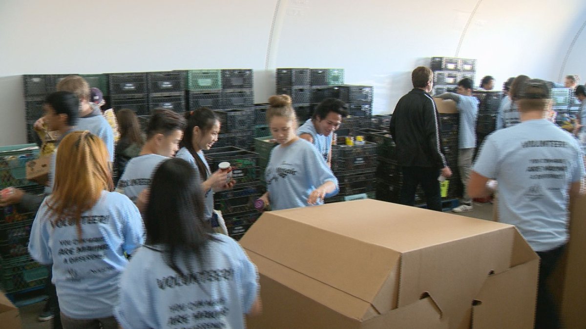 Volunteers sort food donations at the Regina Food Bank.