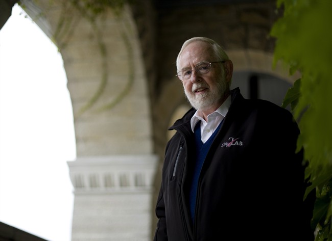 Arthur McDonald, a professor emeritus at Queen's University, is shown at the university in Kingston, Ont., Tuesday, Oct.6, 2015. McDonald is a co-winner of the 2015 Nobel Prize in Physics for his work on tiny particles known as neutrinos.THE CANADIAN PRESS/Fred Chartrand.
