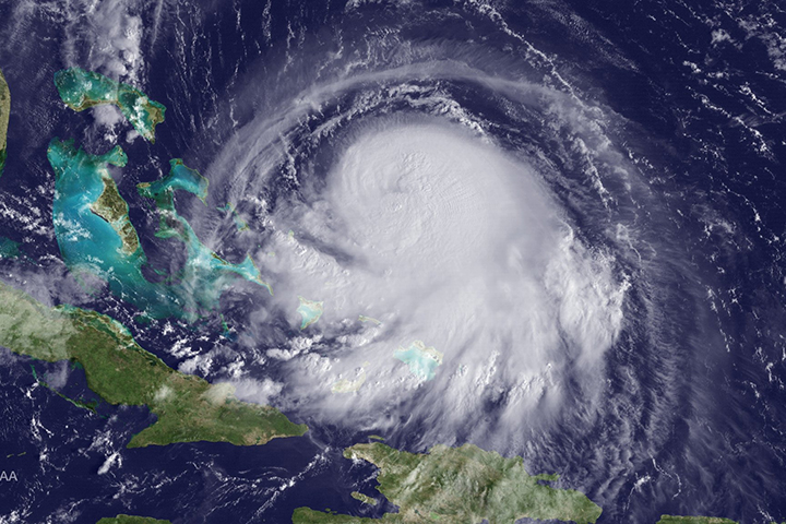 In this handout from the National Oceanic and Atmospheric Administration (NOAA), Hurricane Joaquin is seen chruning in the Caribbean September 30, 2015. Joaquin was upgraded to a category 1 hurricane early on September 30.
