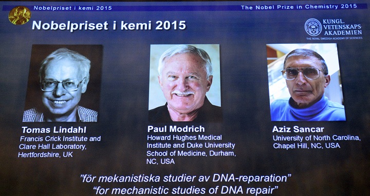 The portraits of the winners of the Nobel Prize in Chemistry 2015 (L-R) Sweden's Tomas Lindahl, Paul Modrich of US and Turkish-American Aziz Sancar are displayed on a screen during a press conference on October 7, 2015 at the Royal Swedish Academy of Sciences in Stockholm.   