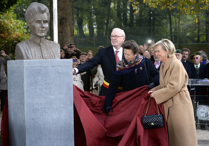 (From L) mayor of Uccle Armand De Decker, Princess Anne of Britain and Princess Astrid of Belgium unveil a bust in honor of Edith Cavell in the park of Montjoie in Uccle during a ceremony as part of the celebrations for the centenary of the her death on October 12, 2015. Edith Cavell was a British nurse killed hundred years ago by German during WWI  she is celebrated for saving the lives of soldiers from both sides without discrimination and helping some 200 Allied soldiers escape from German-occupied Belgium during the First World War, for which she was arrested. She was subsequently court-martialled, found guilty of treason and sentenced to death. Despite international pressure for mercy, she was shot by a German firing squad, her execution received worldwide condemnation and extensive press coverage. 