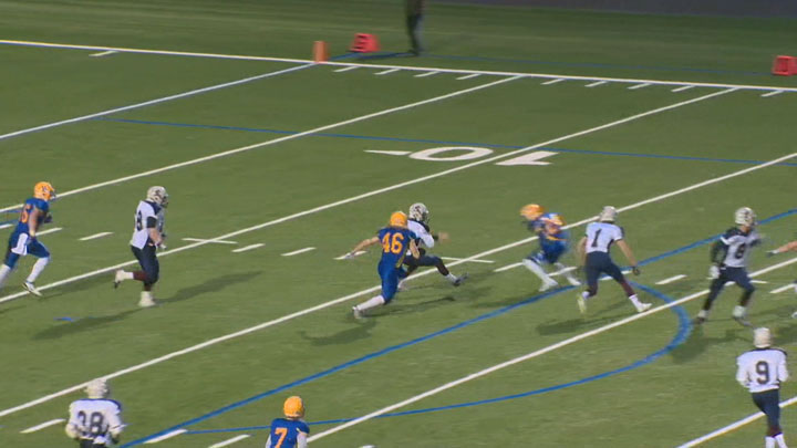 Saskatoon Hilltops Cole Benkic (#46) has been named the defensive player of the year in the PFC. He was one of several Hilltops honoured with 2015 year-end awards in the Prairie Football Conference