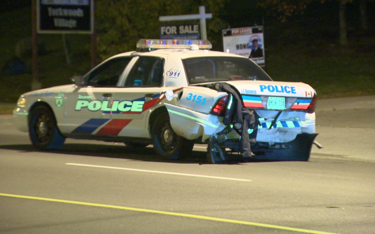 A Toronto police cruiser is rear-ended by another vehicle in North York on Oct. 27, 2015.