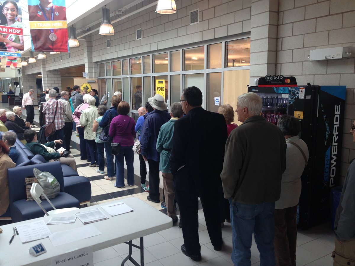 Dozens waited to vote at the Canada Games Centre in Halifax on Friday.