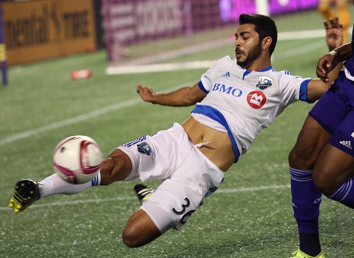 Montreal player Victor Cabrera kicks the ball during the Montreal Impact at Orlando City Soccer MLS game at the Orlando Citrus Bowl on Saturday, Oct. 3, 2015. Orlando won the game 2-1. 