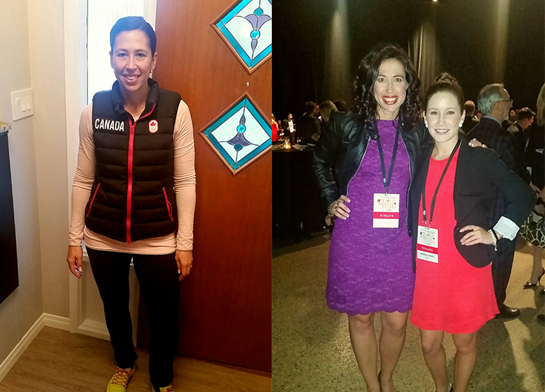 Left: how Jill Officer often leaves the house. Right: Jill and teammate Kaitlyn Lawes at the Gold Medal Plated dinner. 