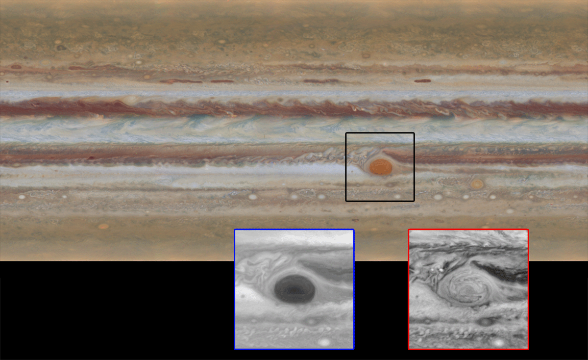 The movement of Jupiter’s clouds can be seen by comparing the first map to the second one. The zoomed up image of the Great Red Spot shows a filamentary feature that had never been seen before.