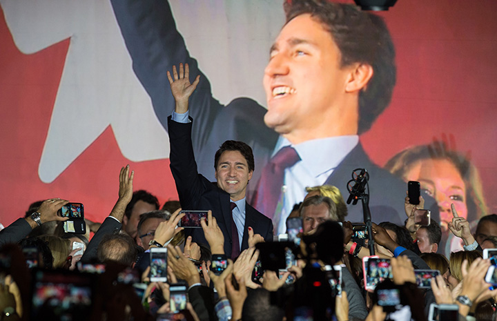 Canadian Liberal Party leader Justin Trudeau arrives on stage in Montreal on October 20, 2015 after winning the general elections.    
