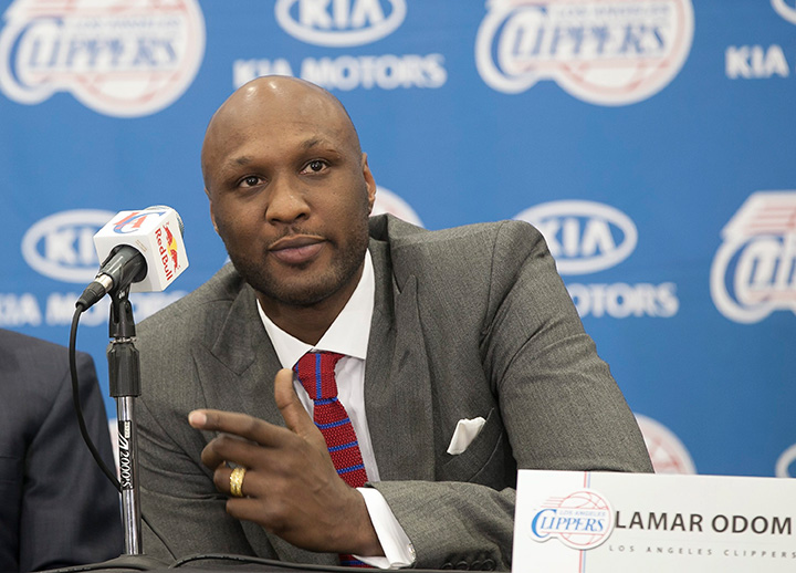 In this July 2, 2012 file photo,Los Angeles Clippers forward Lamar Odom takes questions during an NBA basketball news conference in Los Angeles. 