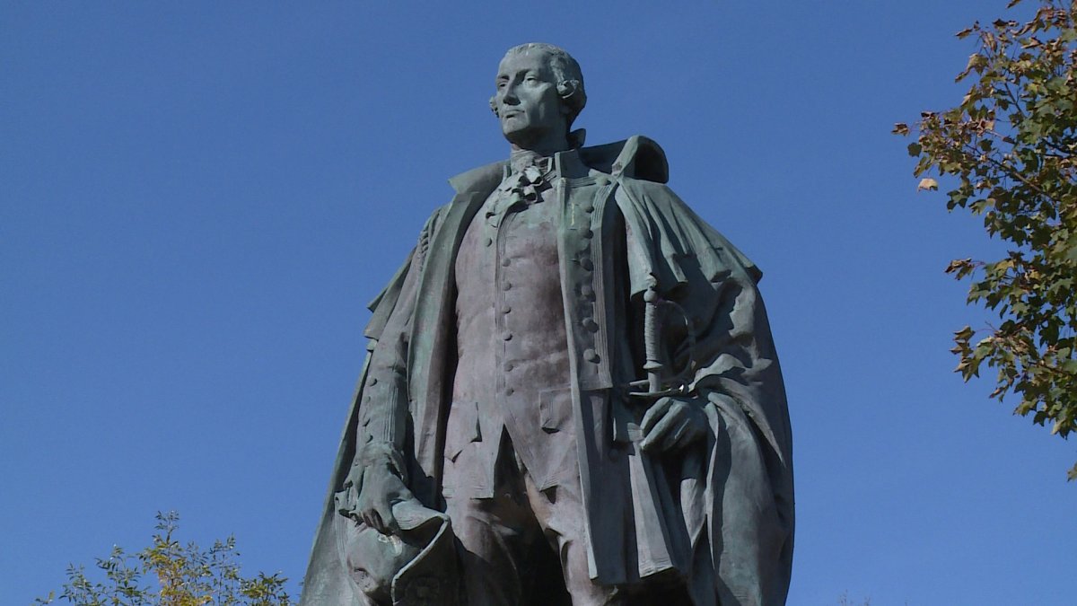 FILE - A statue of Edward Cornwallis in Halifax.