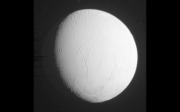 Saturn's moon Enceladus as the Cassini spacecraft made a close flyby of the icy moon.