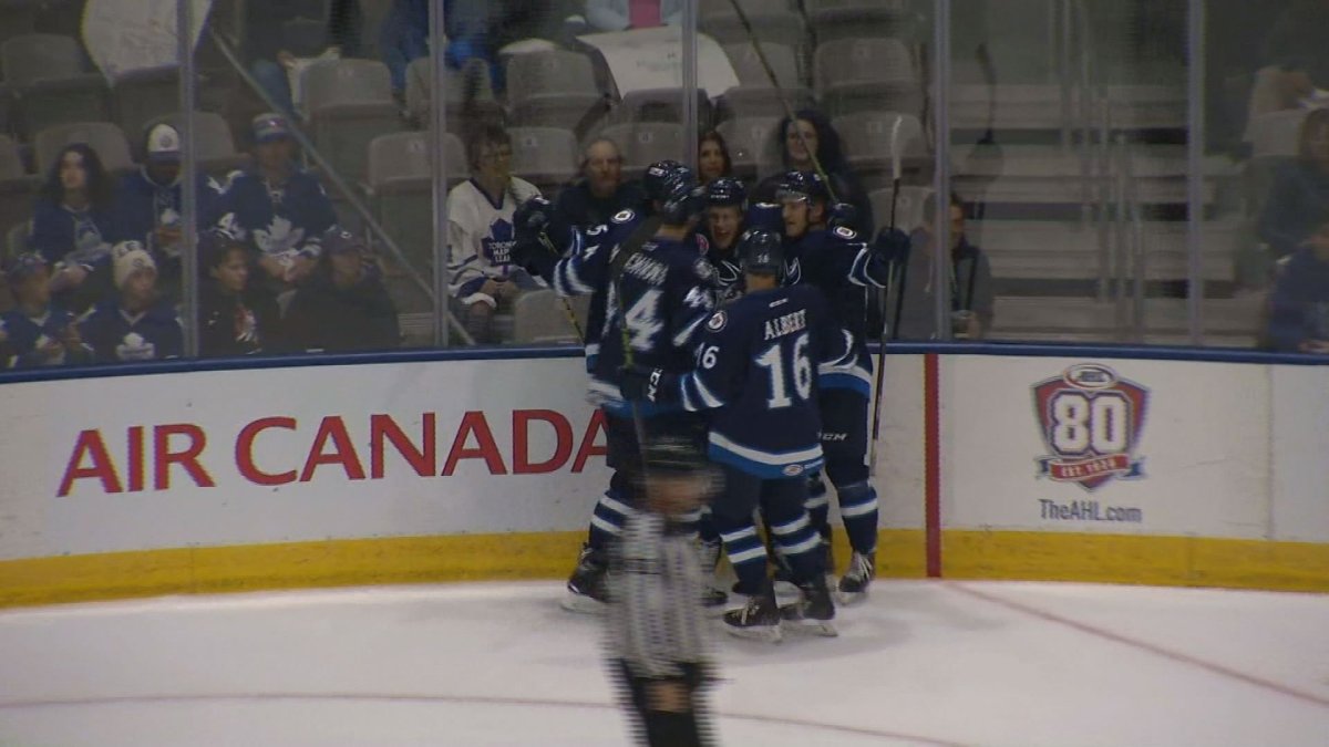 The Manitoba Moose celebrate after goal vs Toronto Marlies.