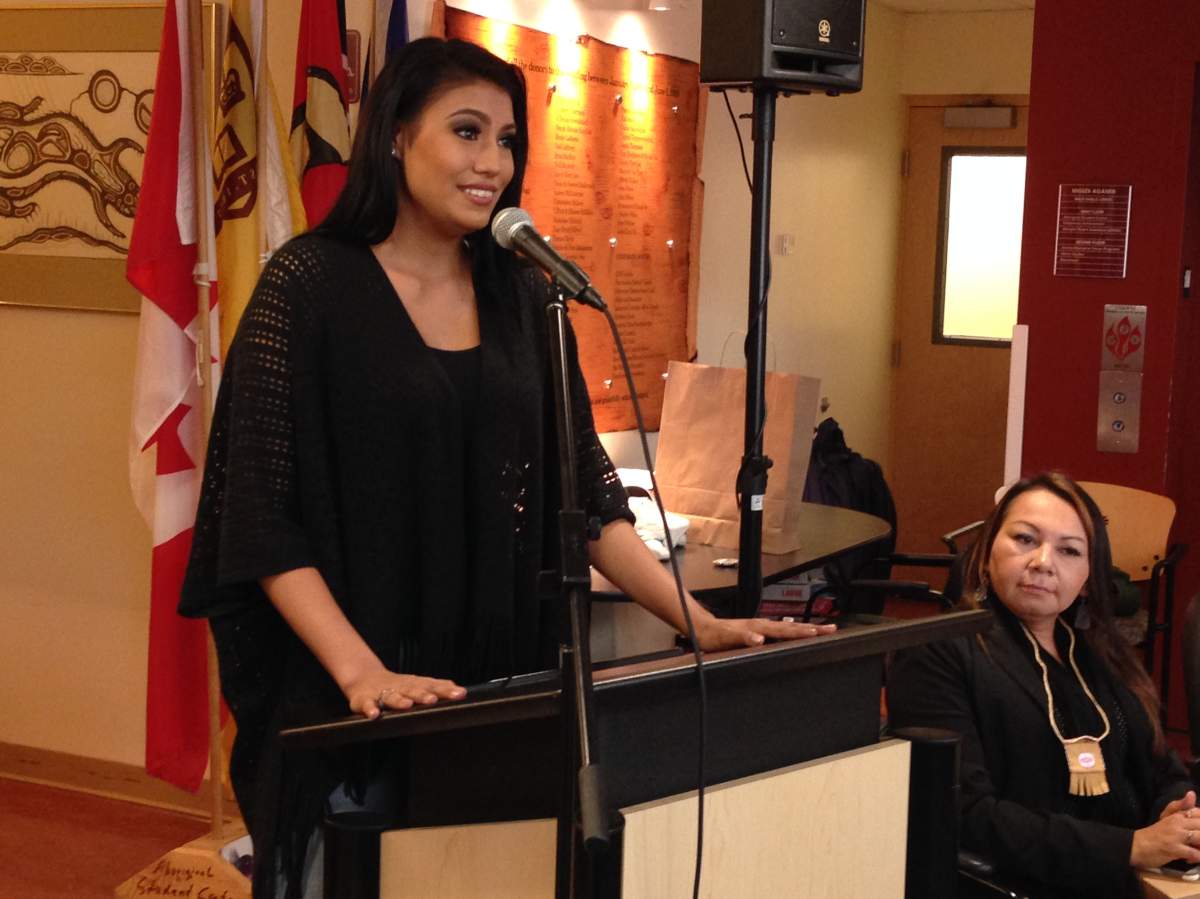 Mrs. Universe Ashley Callingbull speaking at the University of Manitoba Friday. 