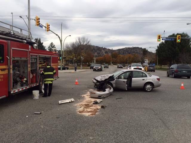 Police say the driver of the pickup truck that hit the car pictured above fled the scene of the accident in Kelowna on Monday. 