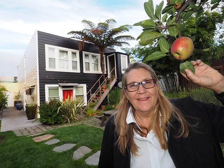 My gracious Airbnb host Kepa Arkenasy in her back yard San Francisco oasis and my three day private lookout suite, top left