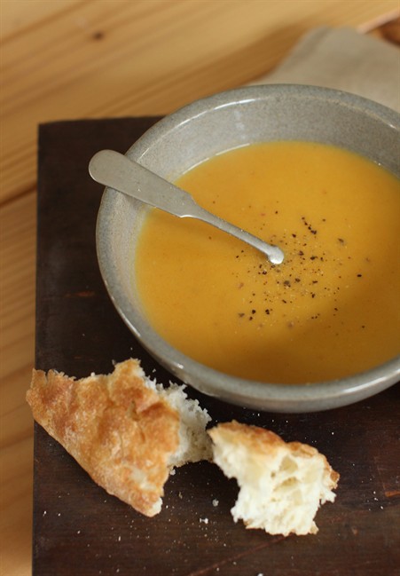 This Sept. 14, 2015 photo shows Indian butternut squash carrot soup in Concord, N.H. 