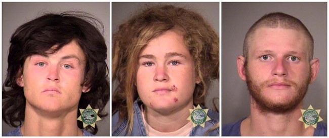 Multnomah County Sheriff's Office photos show the three suspects who were arrested Wednesday, Oct. 7, 2015, in Portland, Ore.,.
